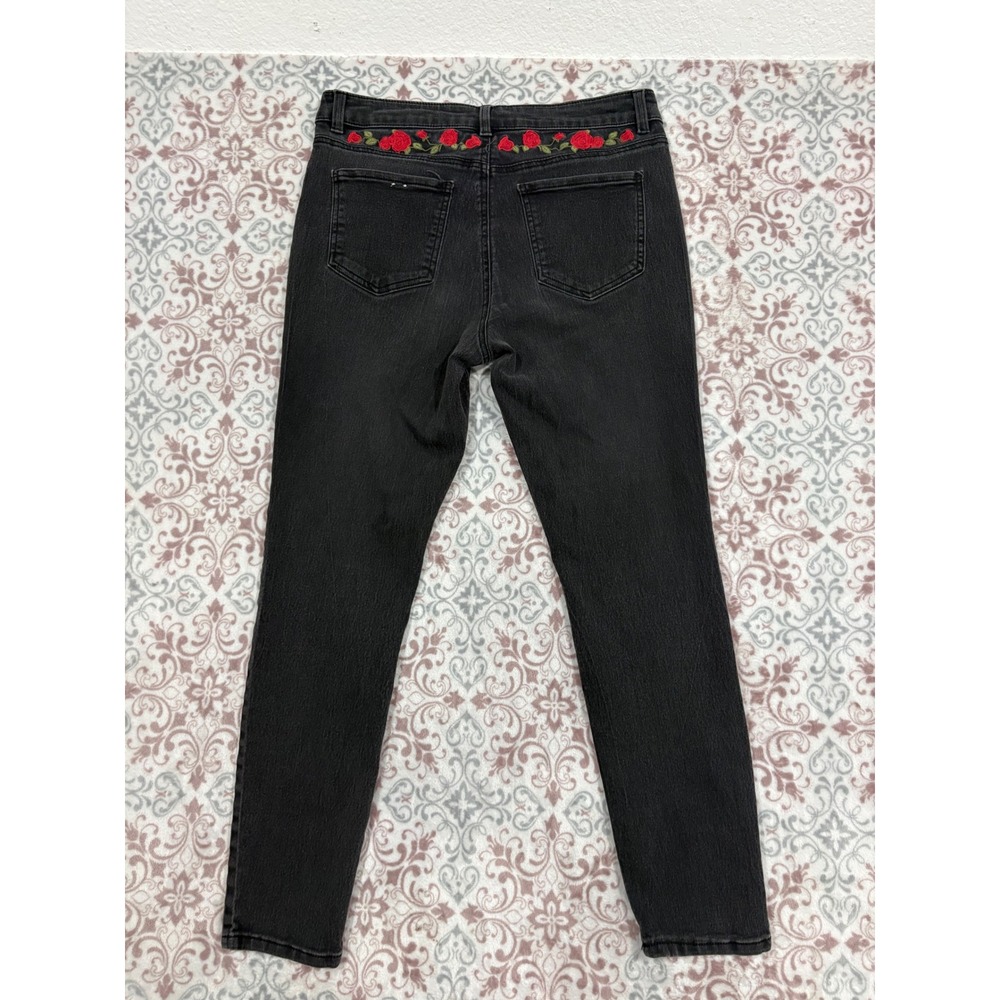 d.jeans Womens Black Rose Embroidered Skinny Jeans Size 12 High Rise Stretch